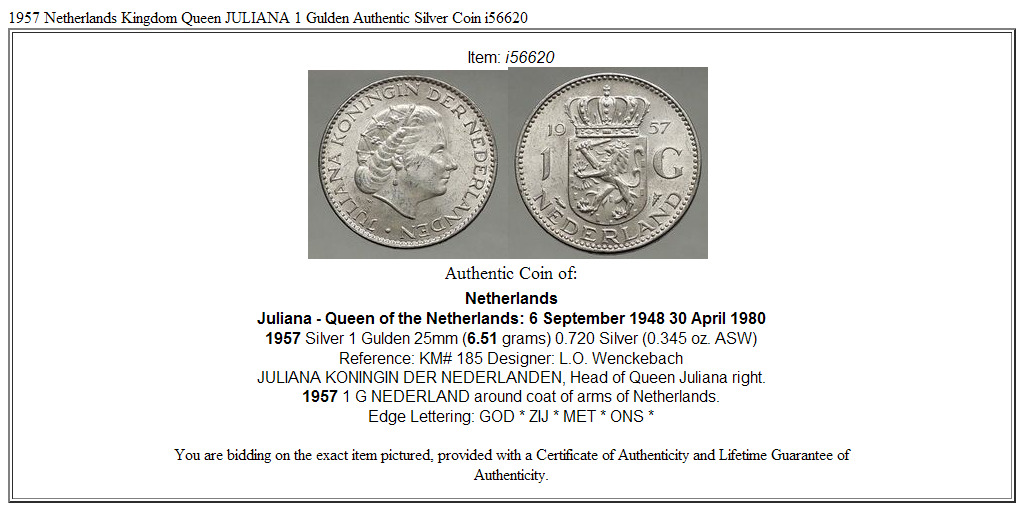 1957 Netherlands Kingdom Queen JULIANA 1 Gulden Authentic Silver Coin i56620