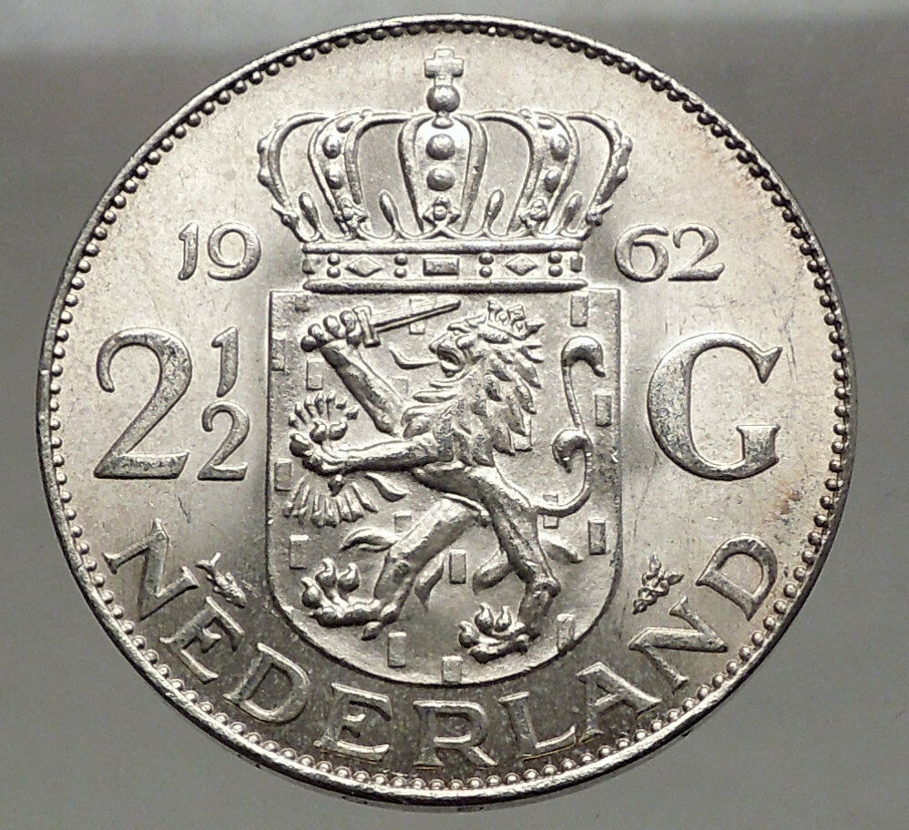 1962 Netherlands Kingdom Queen JULIANA 2½ Gulden Authentic Silver Coin i56604