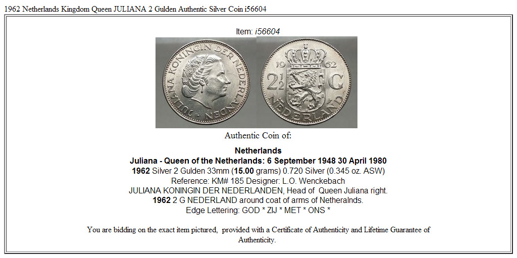 1962 Netherlands Kingdom Queen JULIANA 2½ Gulden Authentic Silver Coin i56604