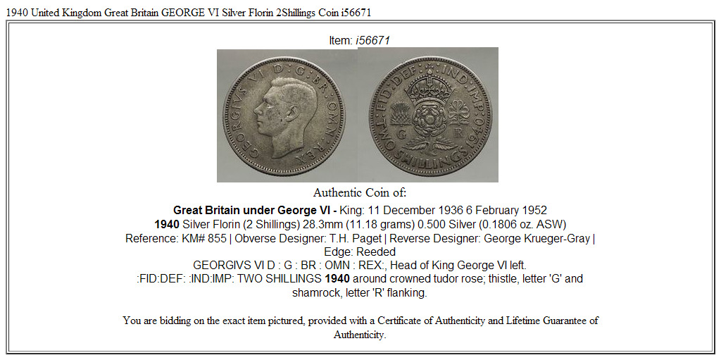 1940 United Kingdom Great Britain GEORGE VI Silver Florin 2Shillings Coin i56671