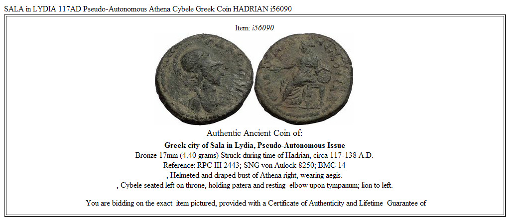 SALA in LYDIA 117AD Pseudo-Autonomous Athena Cybele Greek Coin HADRIAN i56090