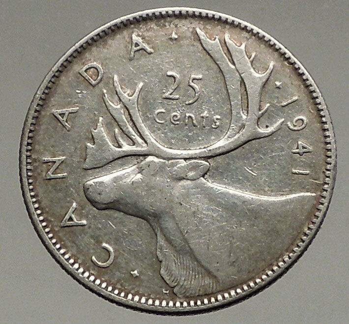 1941 CANADA King George VI of Britain Domains Silver 25 Cent Coin CARIBOU i56637