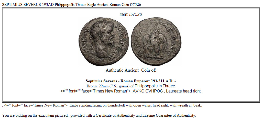 SEPTIMIUS SEVERUS 193AD Philippopolis Thrace Eagle Ancient Roman Coin i57526