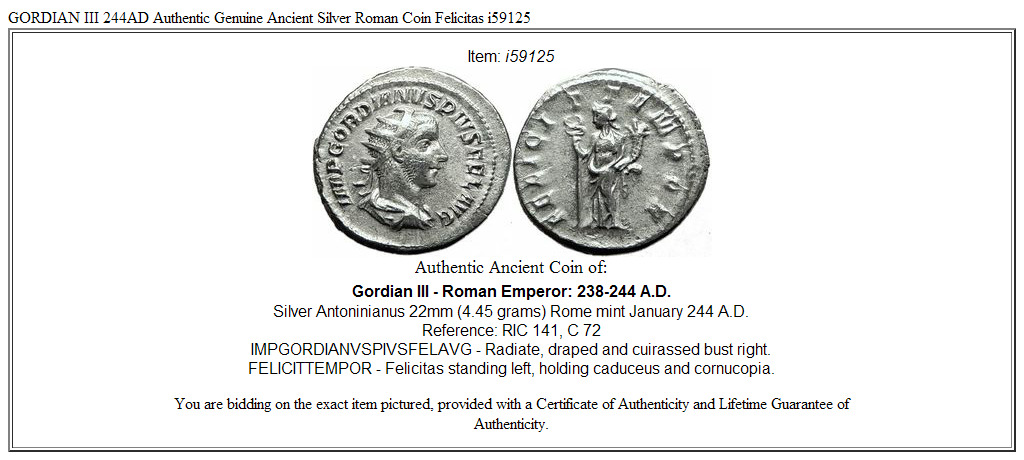 GORDIAN III 244AD Authentic Genuine Ancient Silver Roman Coin Felicitas i59125