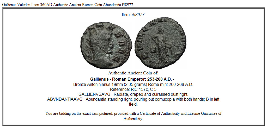 GALLIENUS Authentic Ancient 265AD Roman Coin of Rome ABUNDANTIA Abundance i58977