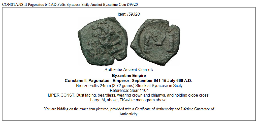 CONSTANS II Pagonatos 641AD Follis Syracuse Sicily Ancient Byzantine Coin i59320