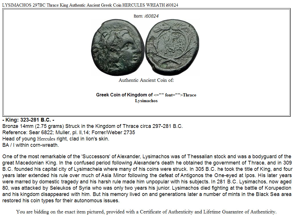 LYSIMACHOS 297BC Thrace King Authentic Ancient Greek Coin HERCULES WREATH i60824