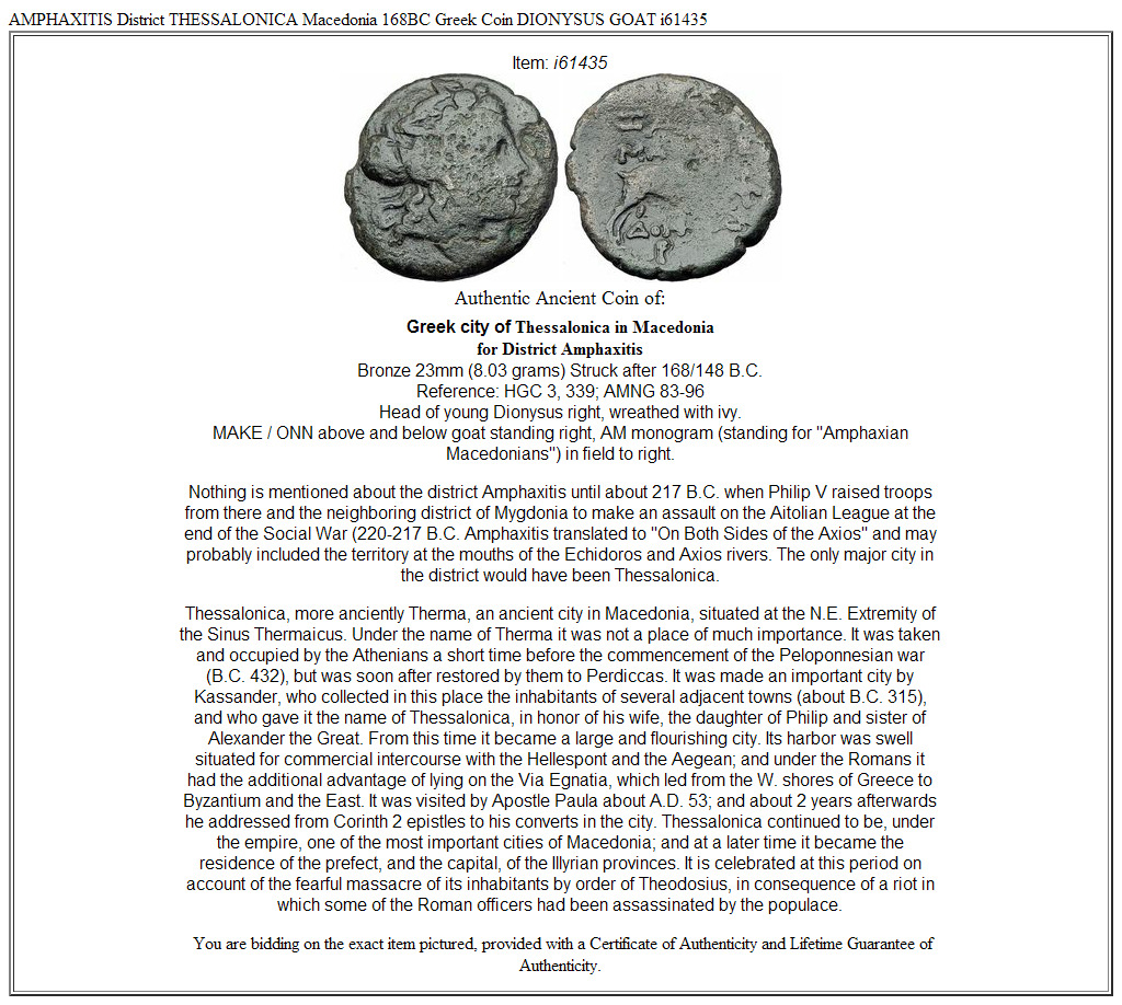 AMPHAXITIS District THESSALONICA Macedonia 168BC Greek Coin DIONYSUS GOAT i61435