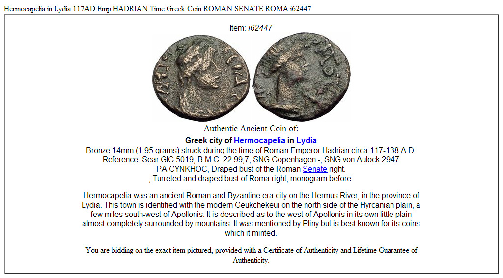 Hermocapelia in Lydia 117AD Emp HADRIAN Time Greek Coin ROMAN SENATE ROMA i62447