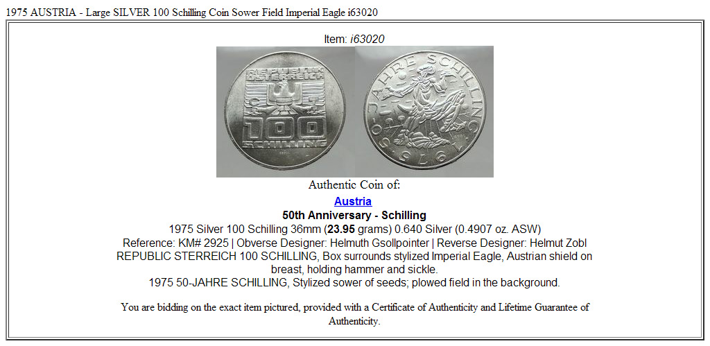 1975 AUSTRIA - Large SILVER 100 Schilling Coin Sower Field Imperial Eagle i63020