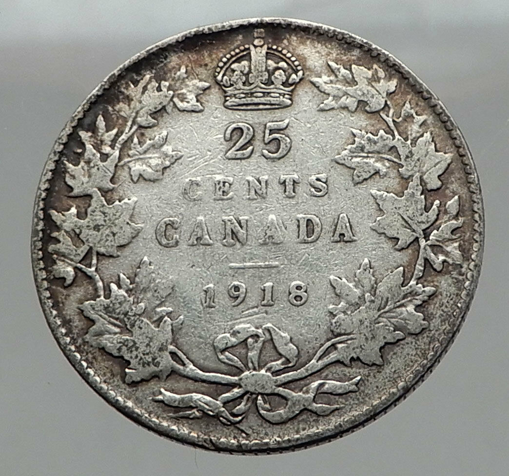 1918 CANADA - UK King George V - Authentic Original SILVER 25 CENTS Coin i62963