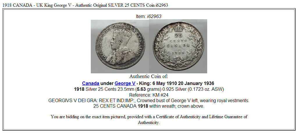 1918 CANADA - UK King George V - Authentic Original SILVER 25 CENTS Coin i62963