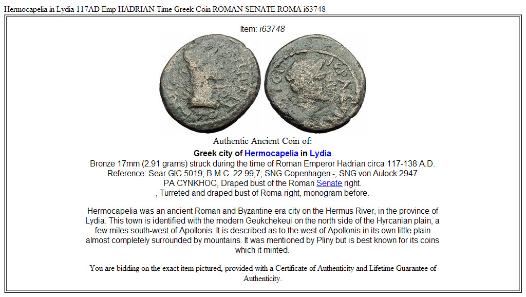Hermocapelia in Lydia 117AD Emp HADRIAN Time Greek Coin ROMAN SENATE ROMA i63748