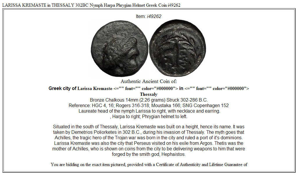 LARISSA KREMASTE in THESSALY 302BC Nymph Harpa Phrygian Helmet Greek Coin i49262