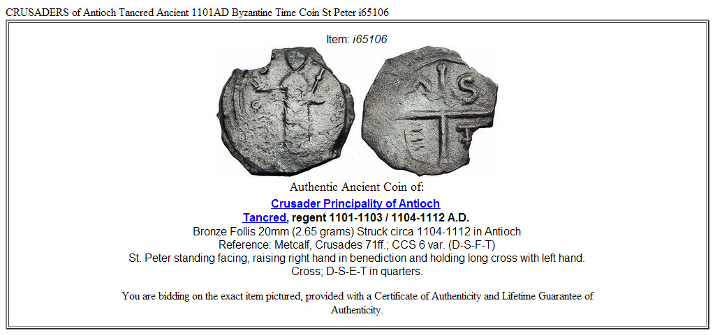 CRUSADERS of Antioch Tancred Ancient 1101AD Byzantine Time Coin St Peter i65106