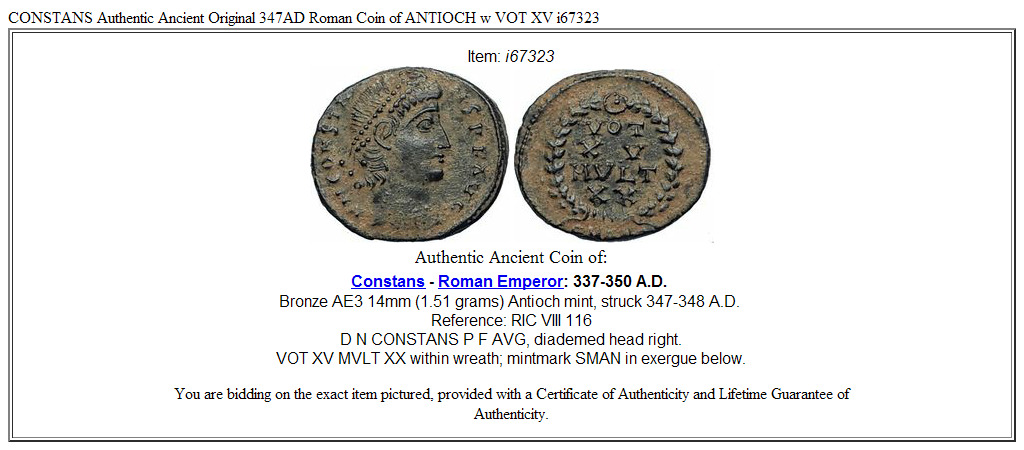 CONSTANS Authentic Ancient Original 347AD Roman Coin of ANTIOCH w VOT XV i67323