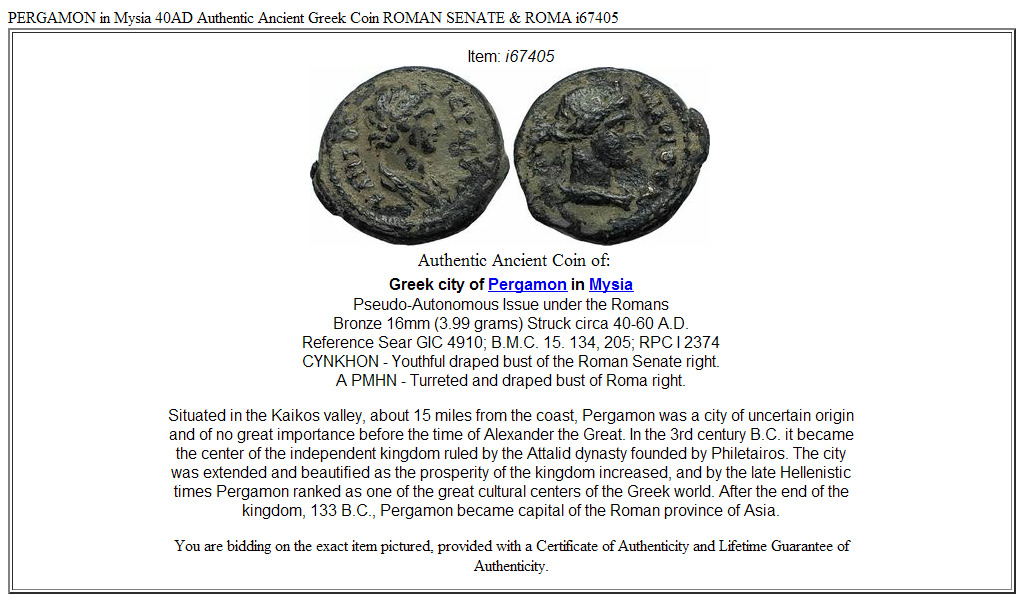 PERGAMON in Mysia 40AD Authentic Ancient Greek Coin ROMAN SENATE & ROMA i67405