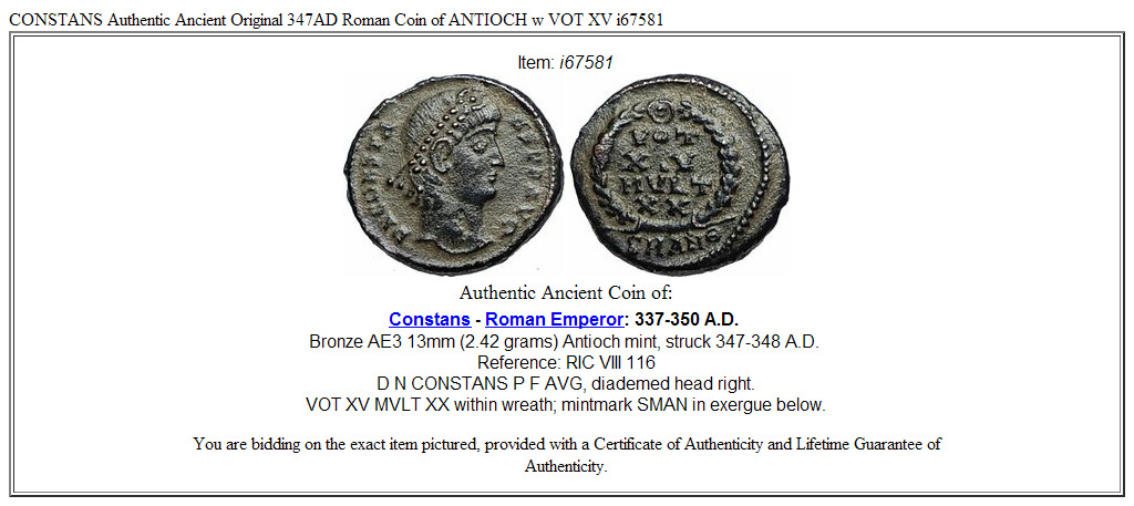 CONSTANS Authentic Ancient Original 347AD Roman Coin of ANTIOCH w VOT XV i67581