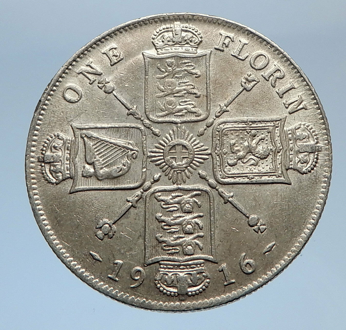 1916 United Kingdom Great Britain GEORGE V Silver Florin 2 Shillings Coin i69407