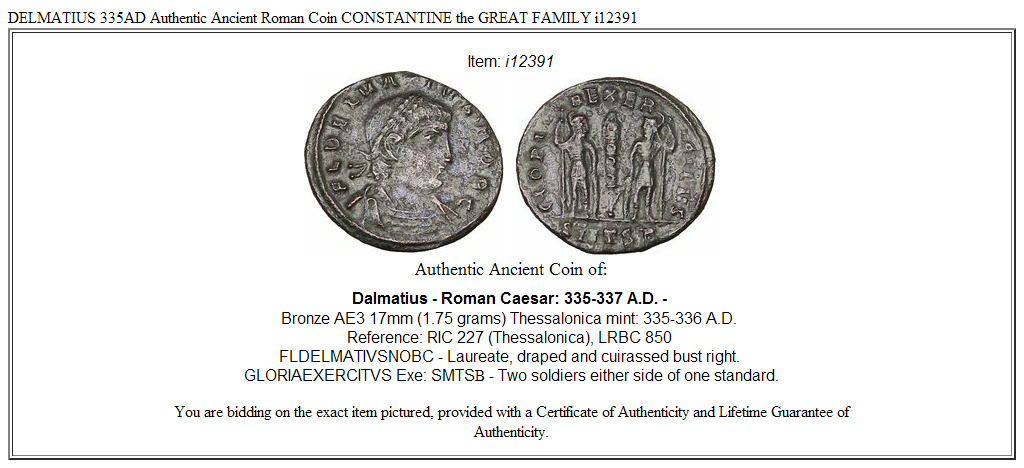 DELMATIUS 335AD Authentic Ancient Roman Coin CONSTANTINE the GREAT FAMILY i12391