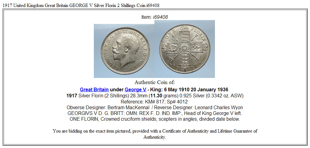 1917 United Kingdom Great Britain GEORGE V Silver Florin 2 Shillings Coin i69408