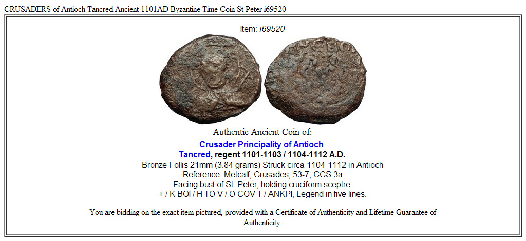 CRUSADERS of Antioch Tancred Ancient 1101AD Byzantine Time Coin St Peter i69520