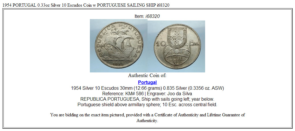 1954 PORTUGAL 0.33oz Silver 10 Escudos Coin w PORTUGUESE SAILING SHIP i68320