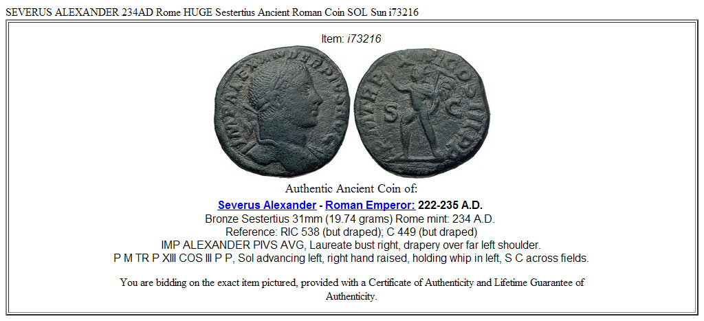 SEVERUS ALEXANDER 234AD Rome HUGE Sestertius Ancient Roman Coin SOL Sun i73216