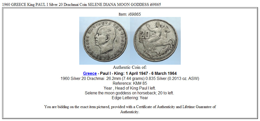 1960 GREECE King PAUL I Silver 20 Drachmai Coin SELENE DIANA MOON GODDESS i69865