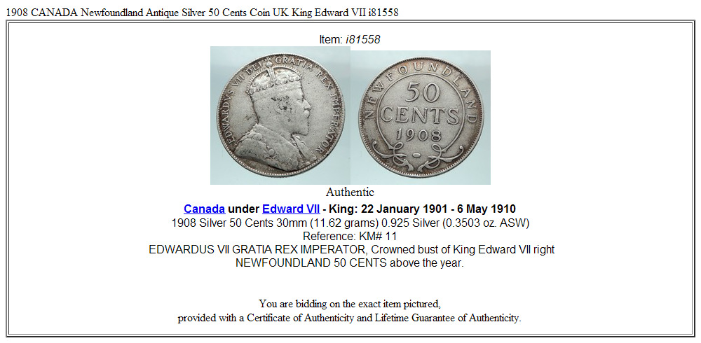 1908 CANADA Newfoundland Antique Silver 50 Cents Coin UK King Edward VII i81558