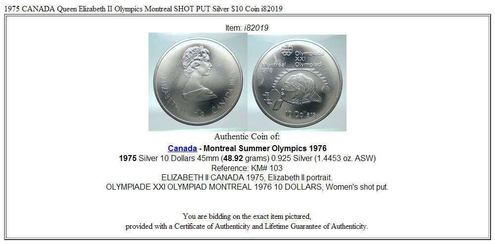 1975 CANADA Queen Elizabeth II Olympics Montreal SHOT PUT Silver $10 Coin i82019