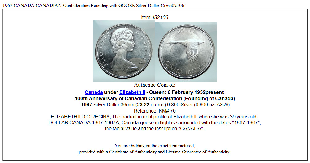 1967 CANADA CANADIAN Confederation Founding with GOOSE Silver Dollar Coin i82106