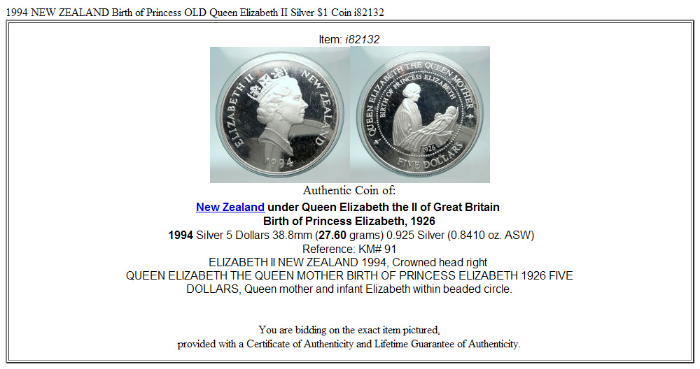 1994 NEW ZEALAND Birth of Princess OLD Queen Elizabeth II Silver $1 Coin i82132