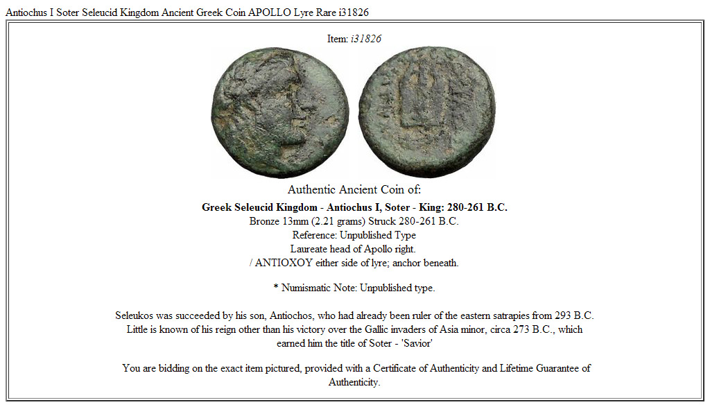 Antiochus I Soter Seleucid Kingdom Ancient Greek Coin APOLLO Lyre Rare i31826