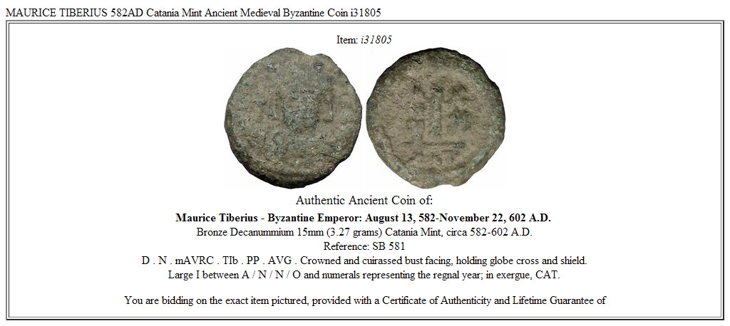 MAURICE TIBERIUS 582AD Catania Mint Ancient Medieval Byzantine Coin i31805