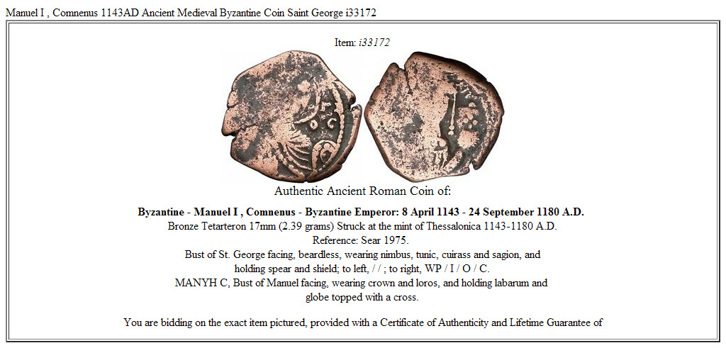 Manuel I , Comnenus 1143AD Ancient Medieval Byzantine Coin Saint George i33172