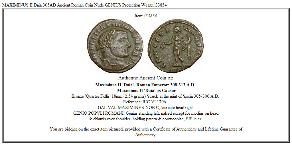 MAXIMINUS II Daia 305AD Ancient Roman Coin Nude GENIUS Protection Wealth i33854