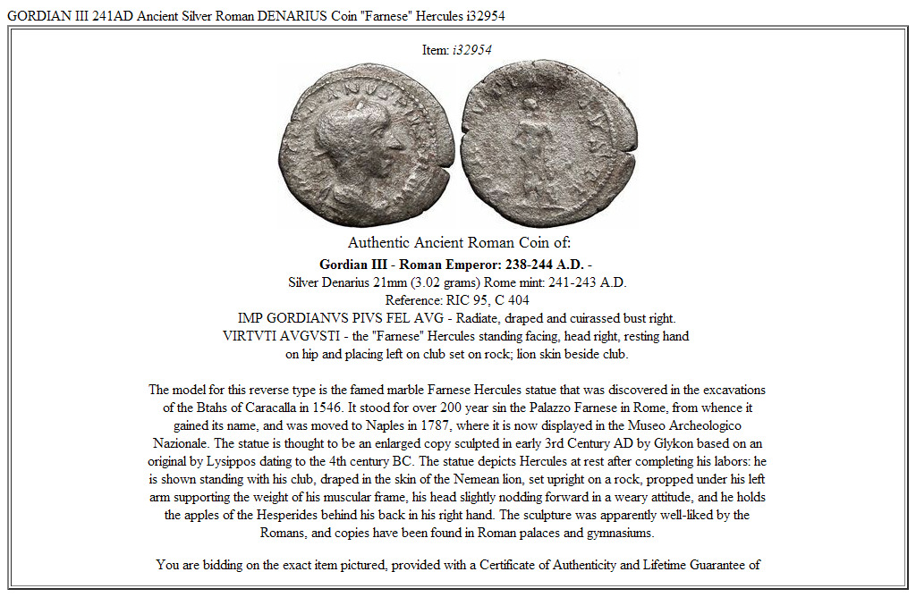 GORDIAN III 241AD Ancient Silver Roman DENARIUS Coin "Farnese" Hercules i32954