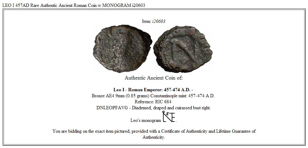 LEO I 457AD Rare Authentic Ancient Roman Coin w MONOGRAM i20603