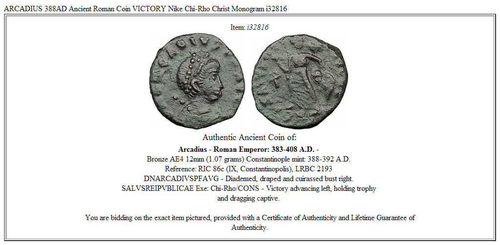 ARCADIUS 388AD Ancient Roman Coin VICTORY Nike Chi-Rho Christ Monogram i32816