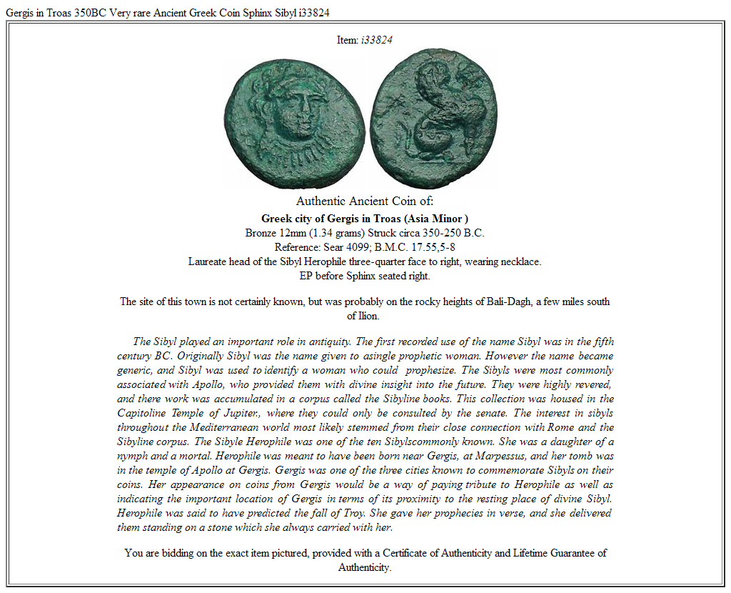 Gergis in Troas 350BC Very rare Ancient Greek Coin Sphinx Sibyl i33824