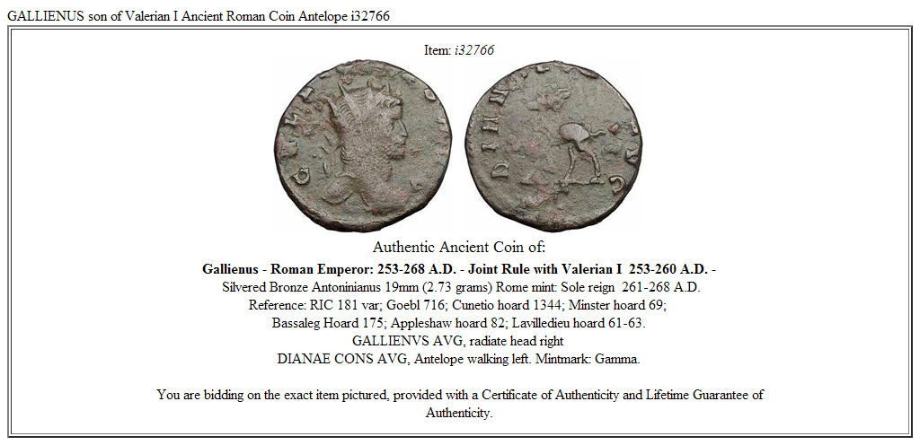 GALLIENUS son of Valerian I Ancient Roman Coin Antelope i32766