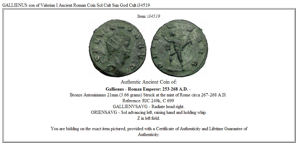 GALLIENUS son of Valerian I Ancient Roman Coin Sol Cult Sun God Cult i34519