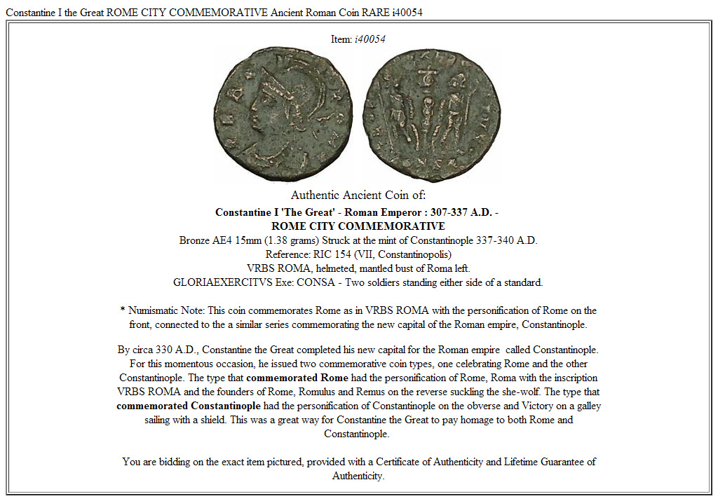 Constantine I the Great ROME CITY COMMEMORATIVE Ancient Roman Coin RARE i40054