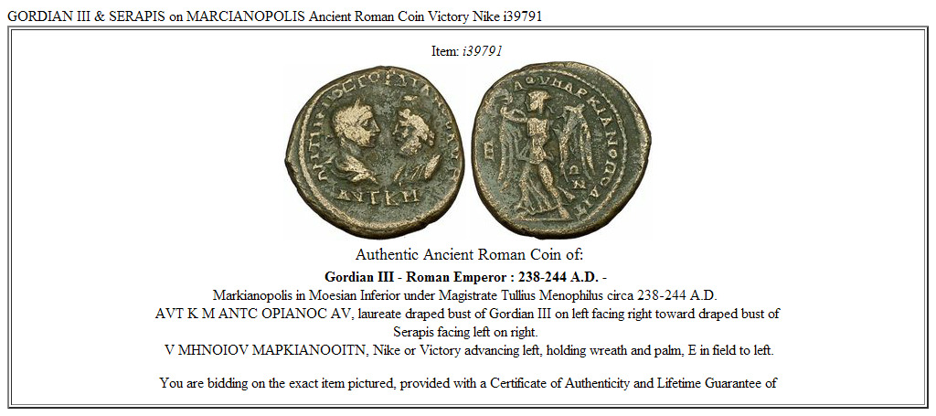 GORDIAN III & SERAPIS on MARCIANOPOLIS Ancient Roman Coin Victory Nike i39791