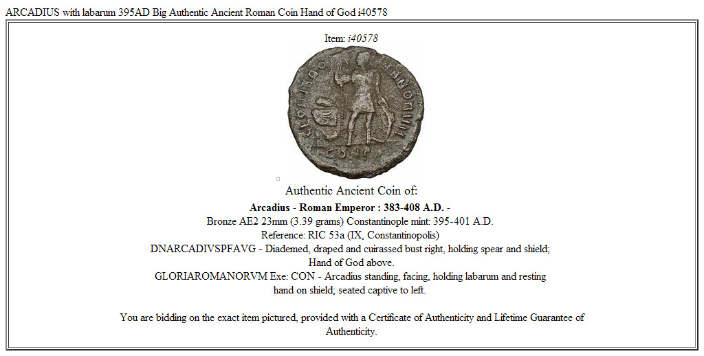 ARCADIUS with labarum 395AD Big Authentic Ancient Roman Coin Hand of God i40578