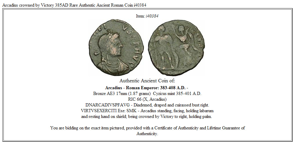 Arcadius crowned by Victory 385AD Rare Authentic Ancient Roman Coin i40384