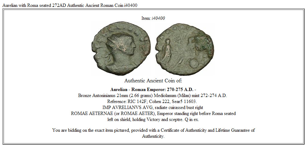 Aurelian with Roma seated 272AD Authentic Ancient Roman Coin i40400