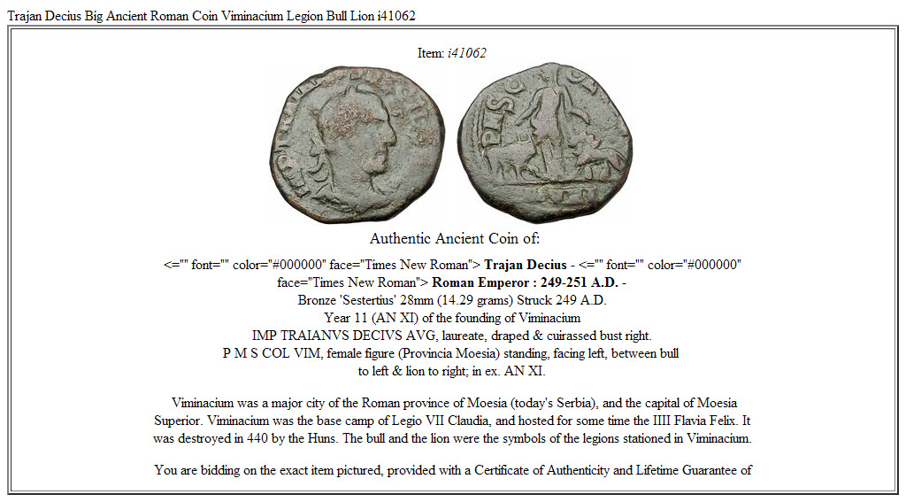 Trajan Decius Big Ancient Roman Coin Viminacium Legion Bull Lion i41062