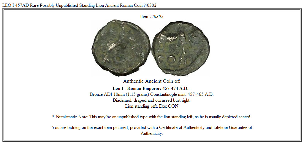 LEO I 457AD Rare Possibly Unpublished Standing Lion Ancient Roman Coin i40302